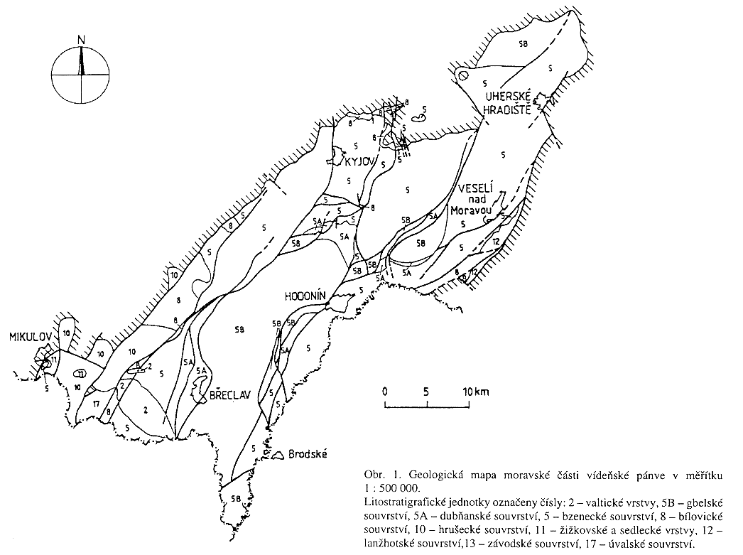 Geologická mapa moravské části vídeňské pánve.