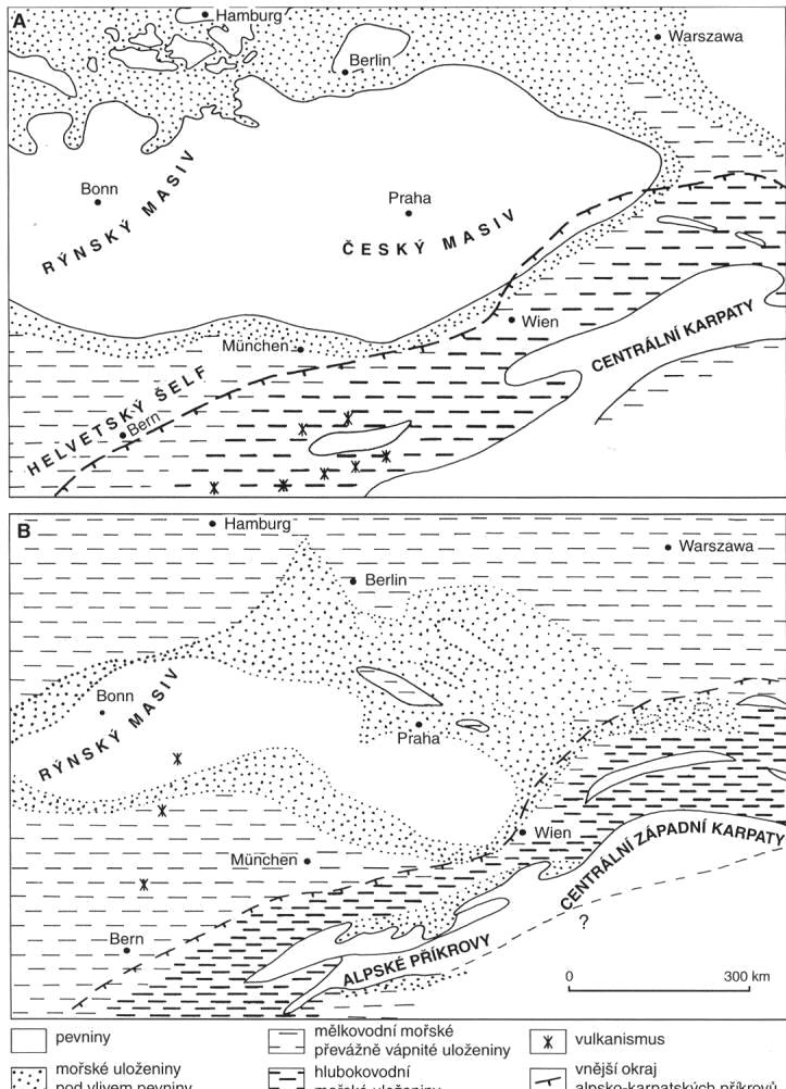 Paleogeografická rekonstrukce střední Evropy: A - v období spodní křídy, B - ve svrchní křídě (Zdroj: Chlupáč et al. 2002).