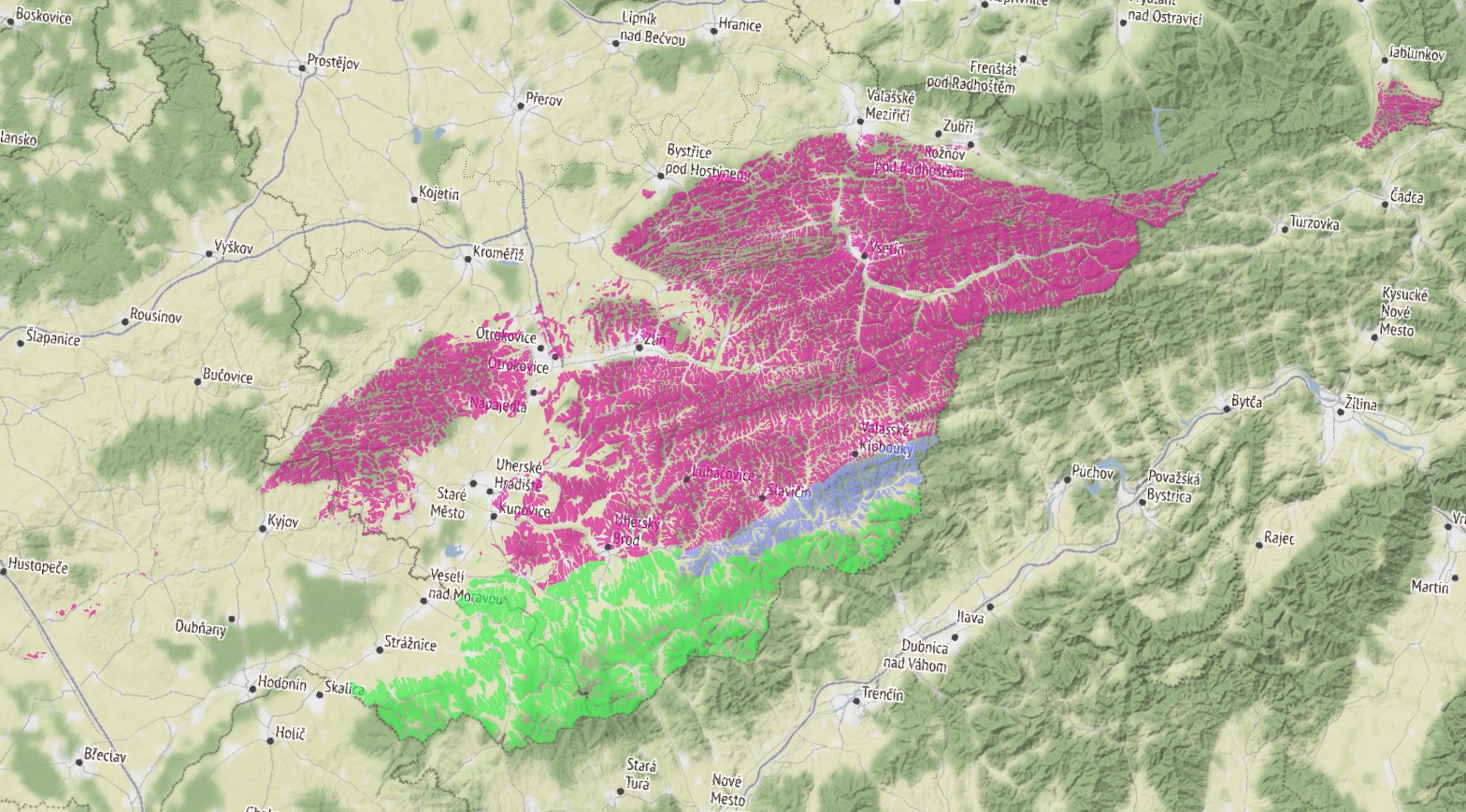 Výskyt flyšových sedimentů magurské skupiny příkrovů. Barevně jsou vyznačeny dílčí jednotky: račanská jednotka růžově, bystrická jednotka modře, bělokarpatská jednotka zeleně (zobrazeno bez neogenních a kvarterních pokryvných útvarů).