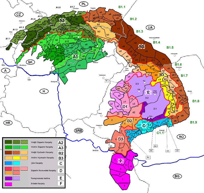 Podrobná mapa dělení Karpat, tmavě zeleně jsou vymezeny Vnější Západní Karpaty.