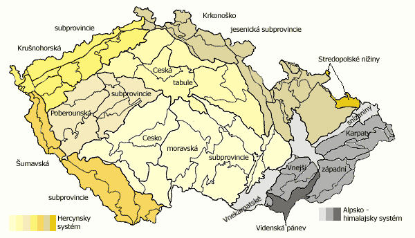 Geomorfologické členění ČR; šedá část vpravo jsou Západní Karpaty.