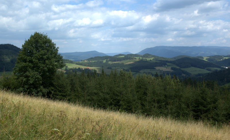 Odlesněné vrcholky Valašskobystřické vrchoviny skýtají nádherné výhledy na Moravskoslezské Beskydy.
