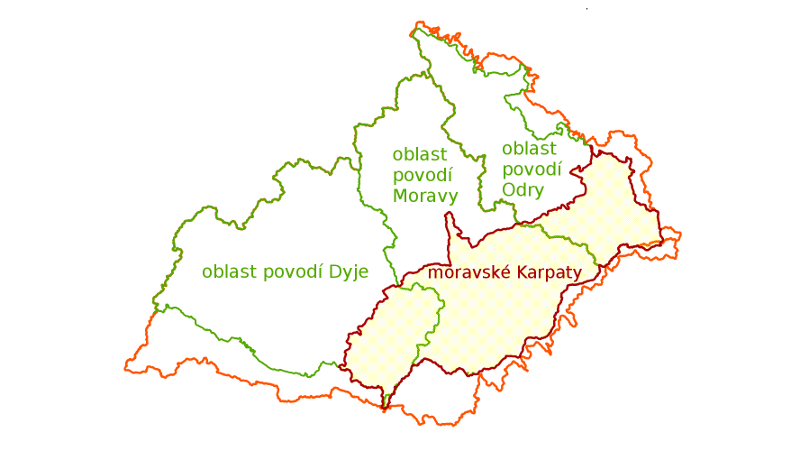 Vymezení oblastí hlavních povodí na území moravských Karpat.