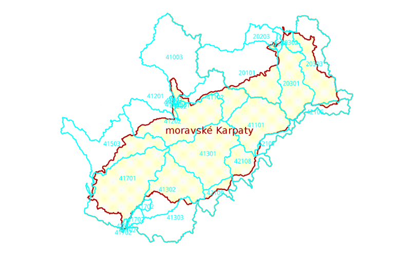 Oblasti povodí III. řádu na území moravských Karpat.