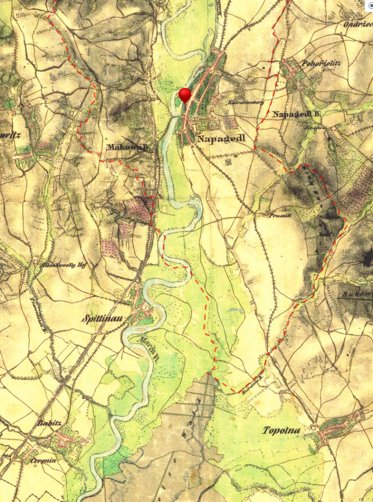 Pohled na nezregulovanou řeku Moravu pod Napajedly. Výřez z mapy II. vojenského mapování (zdroj: mapy.cz).