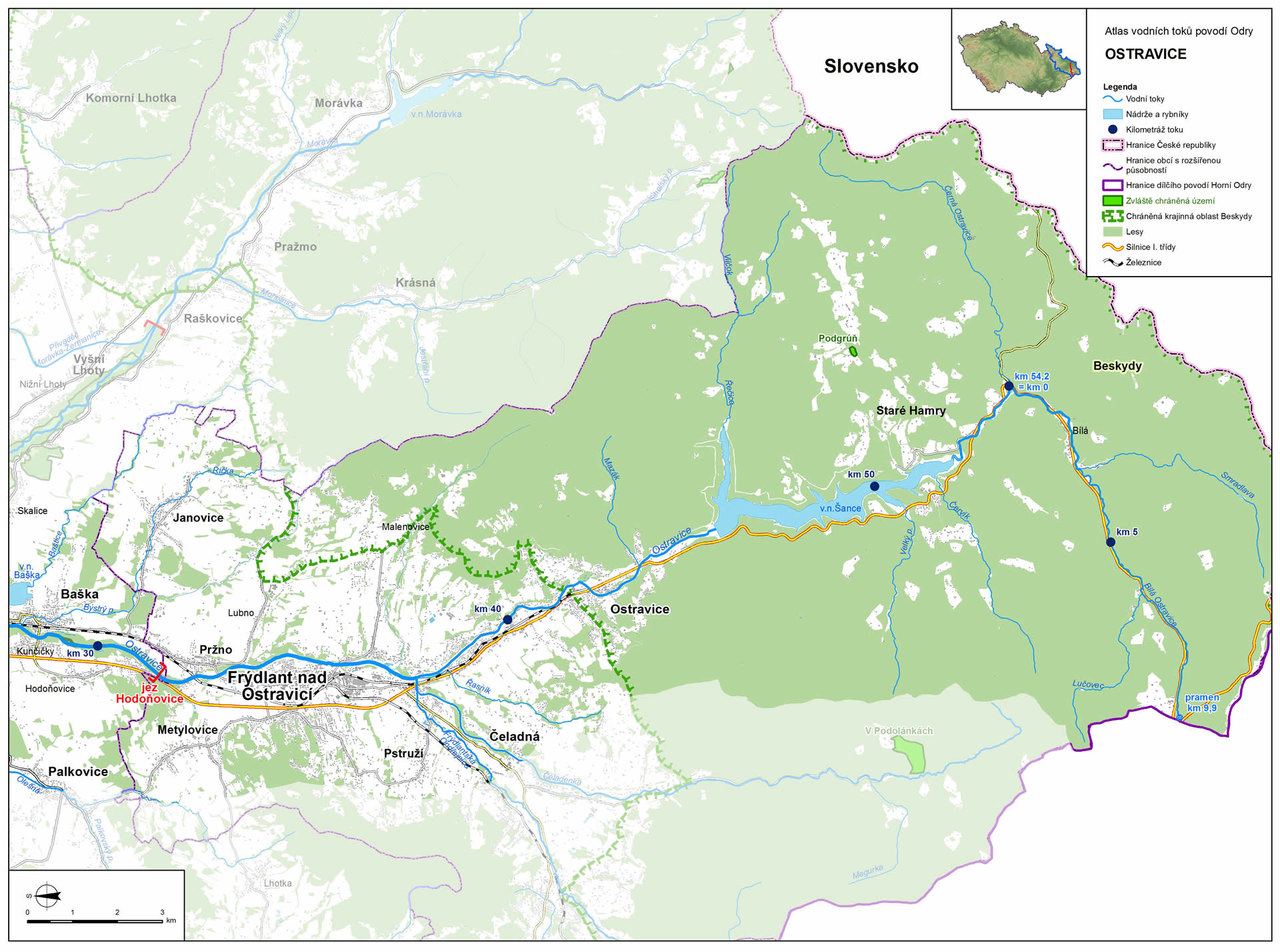 Mapa: horní tok Ostravice (zdroj: Atlas hlavních vodních toků povodí Odry, https://www.pod.cz/atlas_toku/ostravice.html).