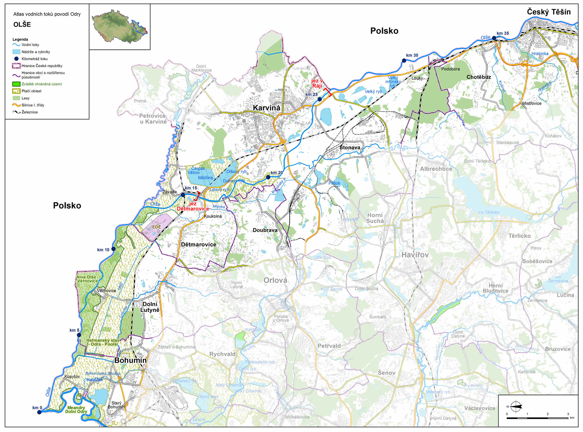 Mapa: spodní tok Olše (zdroj: Atlas hlavních vodních toků povodí Odry, https://www.pod.cz/atlas_toku/olse.html).