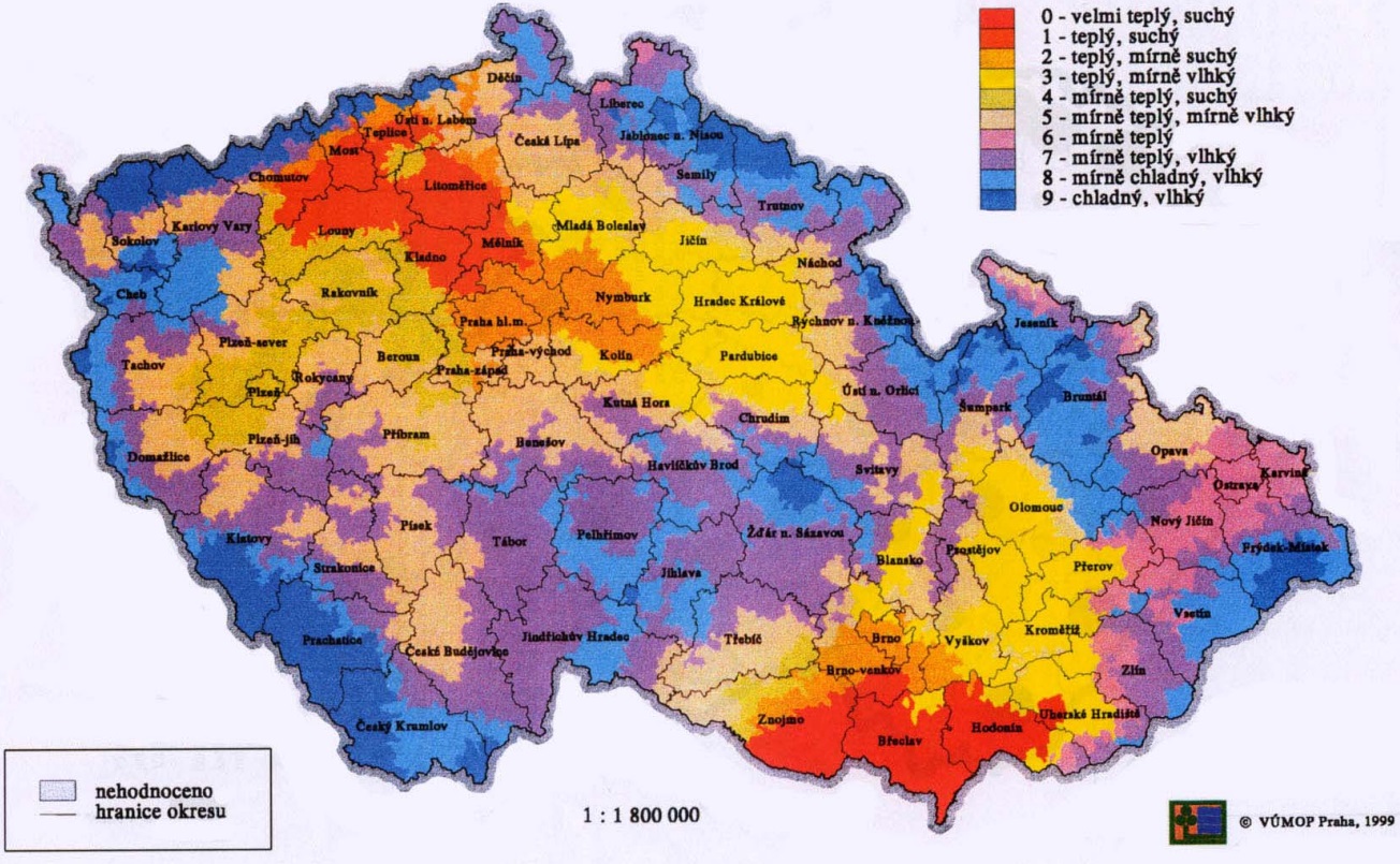 Klimatická regionalizace ČR dle Moravce a Votýpky (zdroj: VUMOP, 1999).