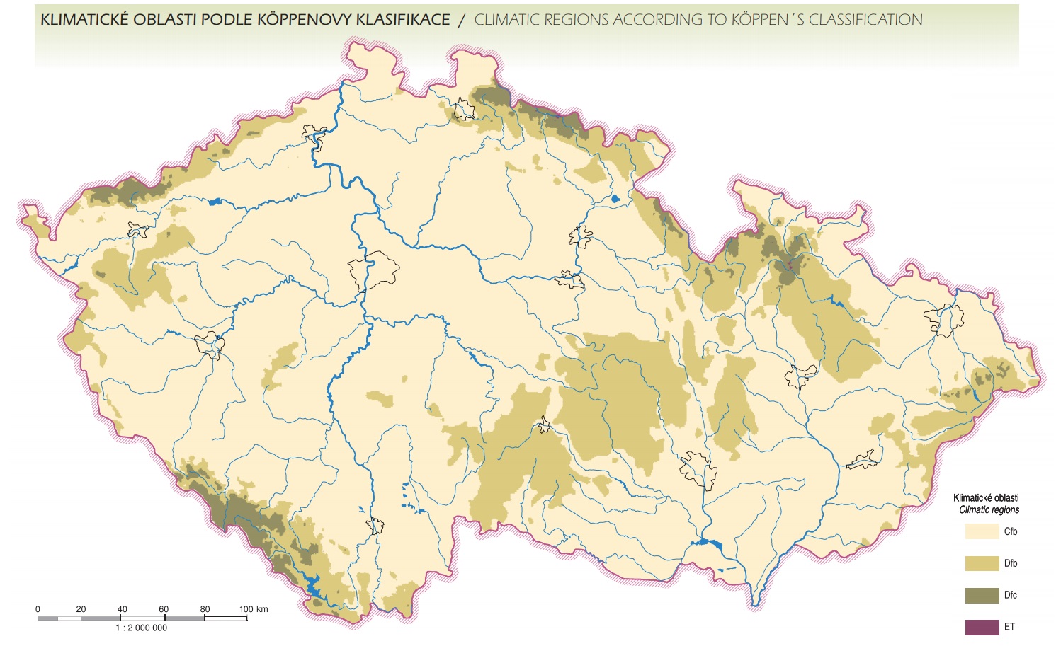 Klimatické oblasti podle Köppenovy klasifikace (Zdroj: Atlas podnebí ČR, Czech Hydrometeorological Institute, Praha; © 2007 Palacký University)