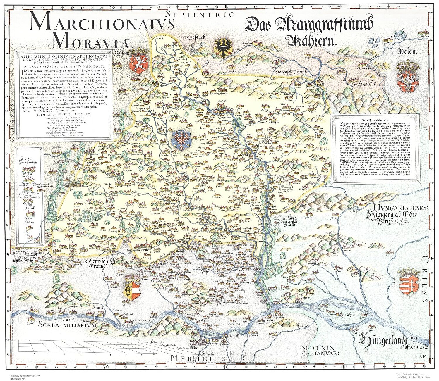 Kolorovaná Fabriciova mapa Moravy z roku 1569 (zdroj: https://geoportal.cuzk.cz/(S(anowqoujsg0k1t2sszg4uru5))/Default.aspx?mode=TextMeta&side=mapy_tiskKHM&metadataID=CZ-CUZK-FABRICIUS-T).