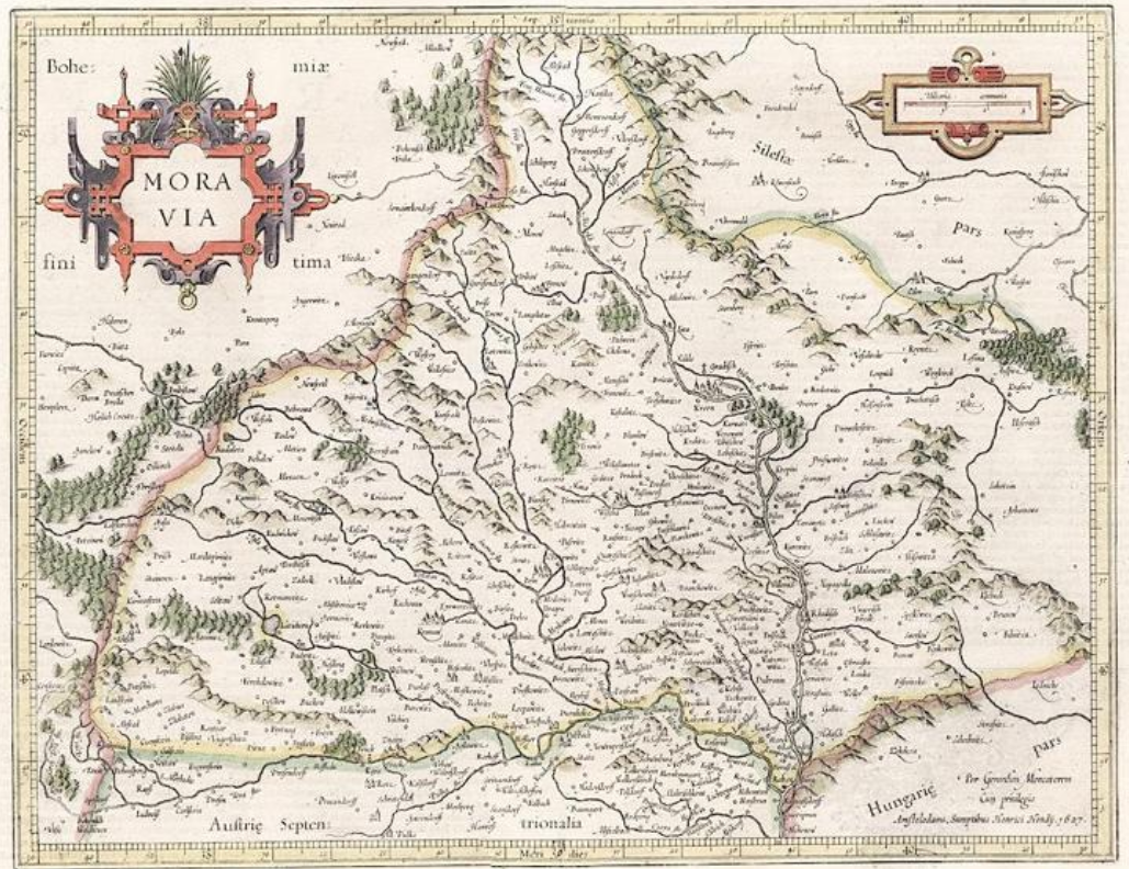 Fabriciova mapa Moravy, vydal H. Hondius v roce 1627 (pravděpodobně v rámci Mercatorova atlasu) (zdroj: https://aukro.cz/mercator-hondius-moravia-mediryt-1627-6974570009).