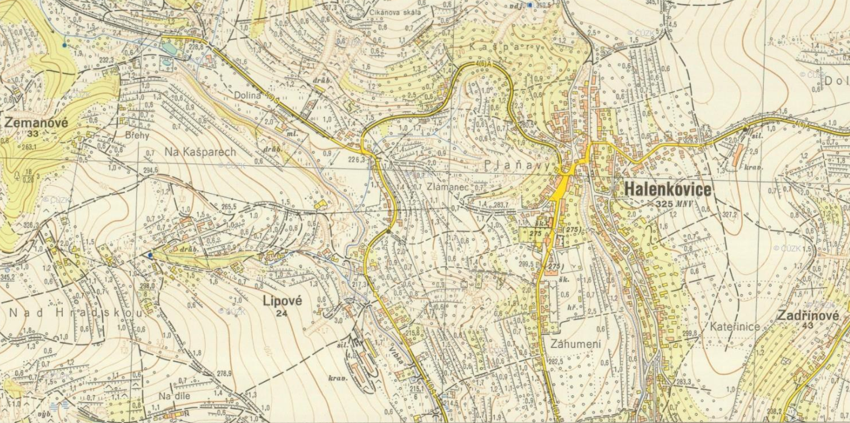 Topografická mapa Halenkovic v systému S-1952, měřítko 1:10 000 (zdroj: https://archivnimapy.cuzk.cz/uazk/topos52/topos52_data/010k/M_33_107_B_d_4_index.html).