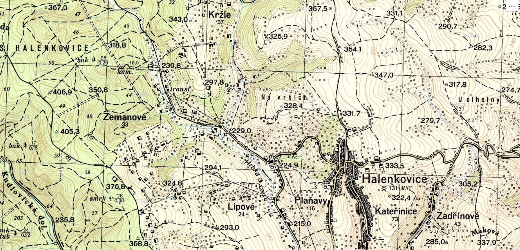 Topografická mapa Halenkovic v systému S-1952, měřítko 1:25 000 (zdroj: https://archivnimapy.cuzk.cz/uazk/topos52/topos52_data/025k/M_33_107_B_d_index.html).