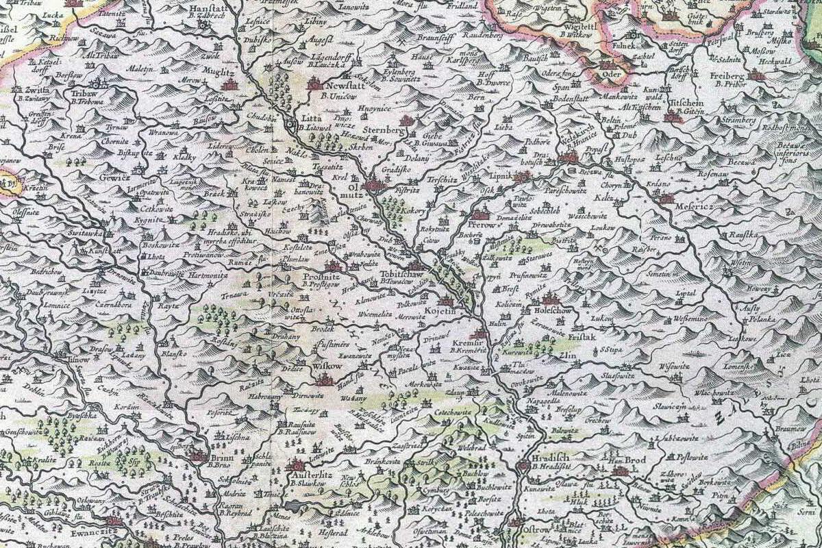 Výřez z Komenského mapy Moravy z roku 1680 se zaměřením na střední Moravu. (zdroj: https://www.geobusiness.cz/komenskeho-mapa-moravy-vystava-2018/).