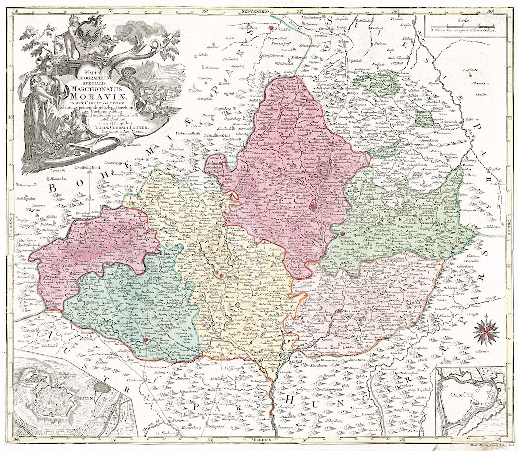 Lotterova mapa Moravy z roku 1758 je dalším derivátem Müllerovy mapy (zdroj: https://www.antikvariatbretschneider.cz/shop/mapy-cechy-morava-a-slezsko/18177-lotter-tc-marchionatus-moraviae-mediryt-1758-.html).