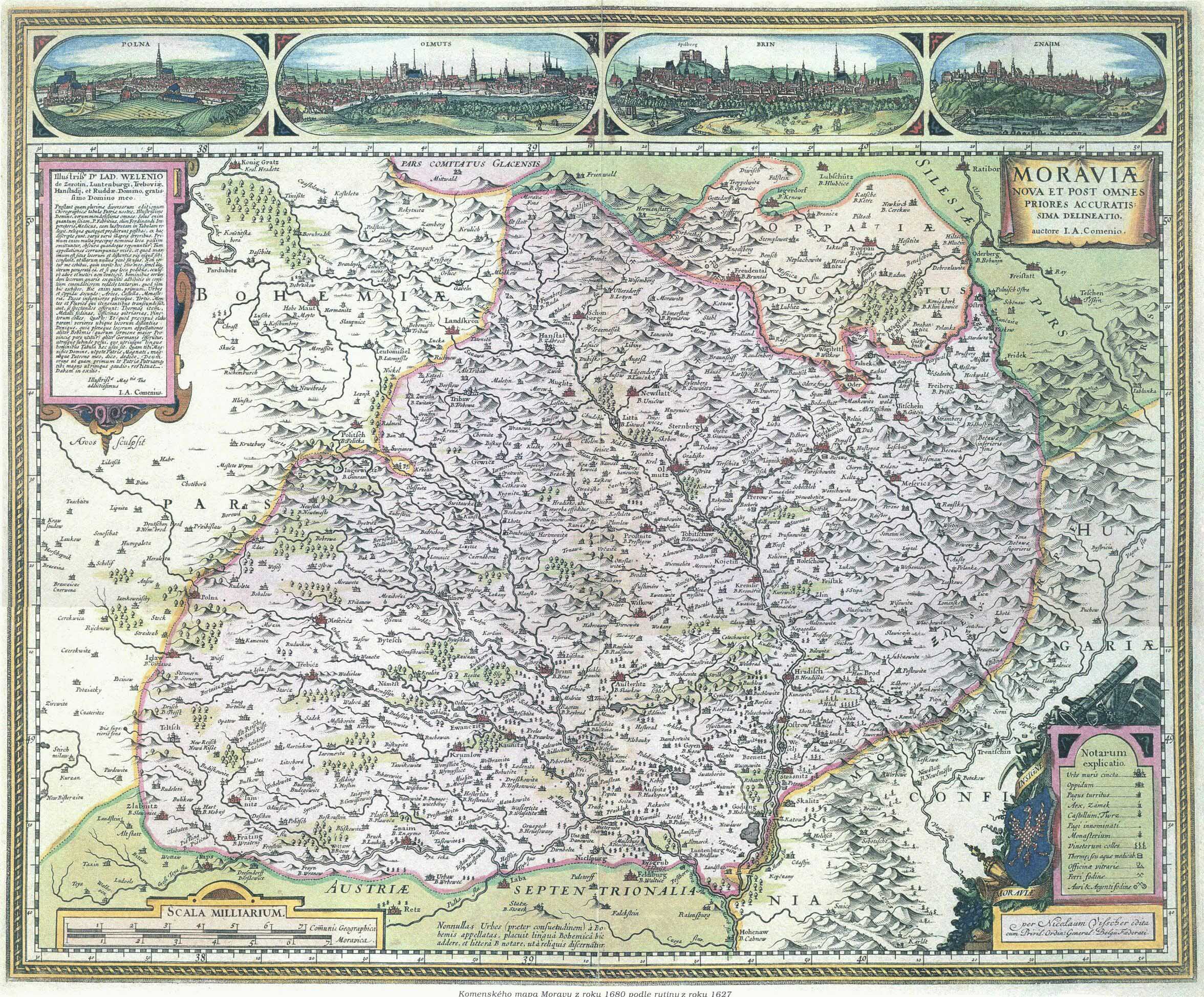 Komenského mapa Moravy z roku 1680 podle rytiny z roku 1627 (zdroj: http://www.stmapy.cz/m1627.html).