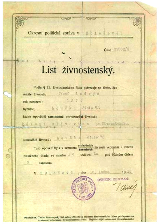 Živnostenský list Josefa Andrýse k provozování živnosti pálení slivovice z roku 1924.