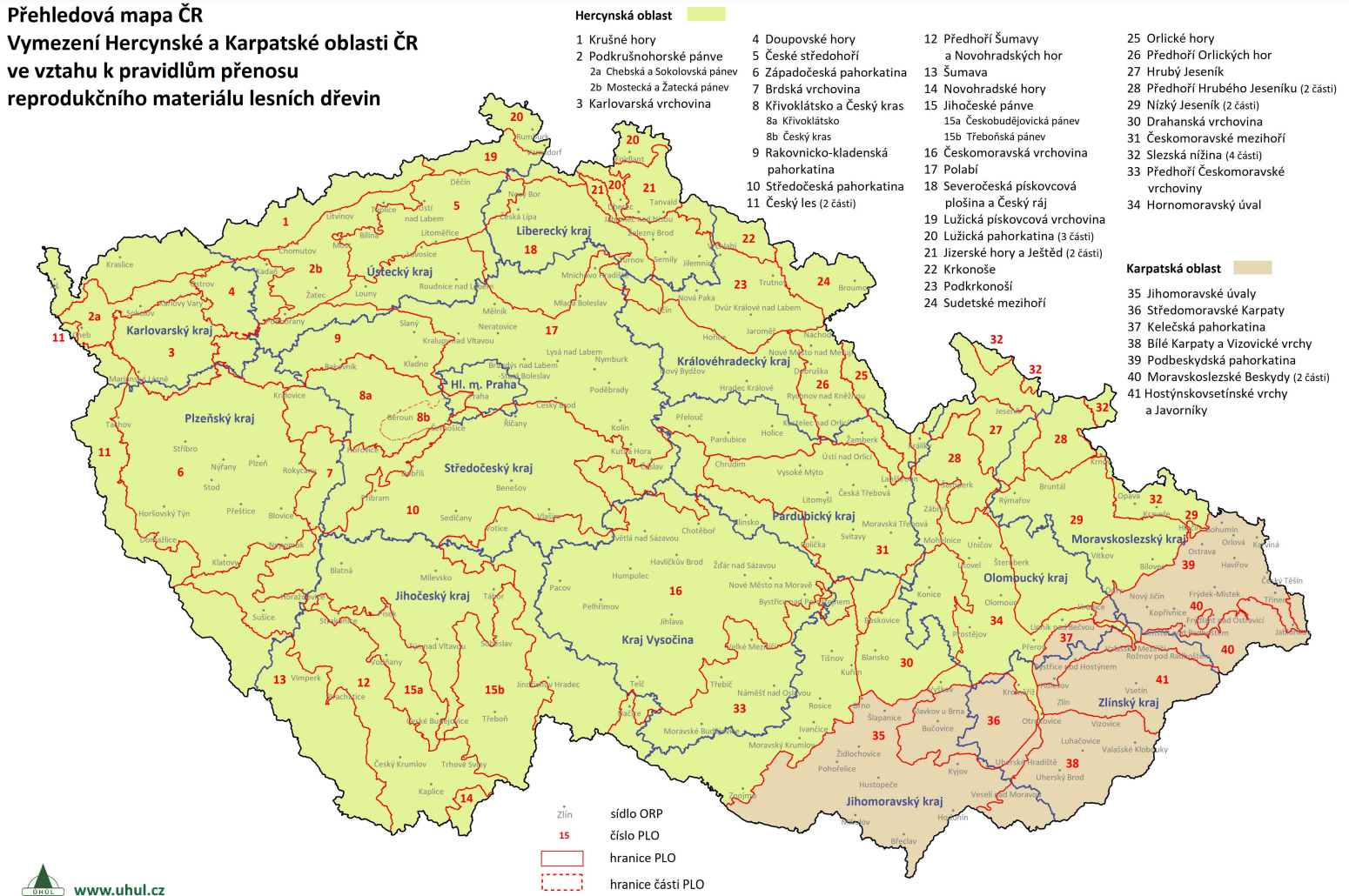 Vymezení přírodních lesních oblastí (PLO), zdroj: https://www.uhul.cz/mapy-a-data/prehledove-mapy-cr/).